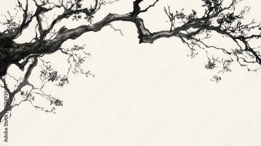 Aufkleber artistic black and white illustration of intertwining tree branches creating a natural frame against