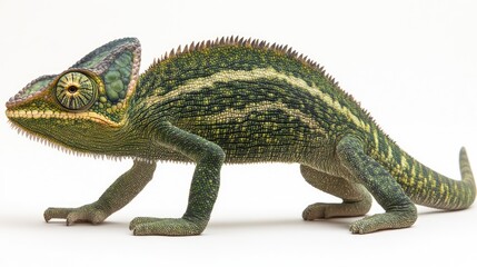 Obraz premium Closeup of a vibrant green veiled chameleon showcasing intricate textures and colors against a soft white backdrop