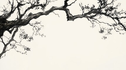Obraz premium Artistic black and white illustration of intertwining tree branches creating a natural frame against a blank background for creative designs