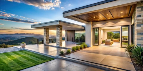 Fototapeta premium Luxury house entrance overlooking stunning outdoor landscape under blue sky, luxury, house, entrance, outdoor