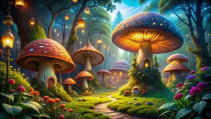Enchanted Forest with Magical Mushrooms, Snails, and Glowing Lights - A Fantasy World Banner Design
