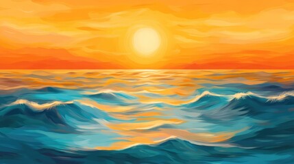 Fototapeta premium Serene sunset over the ocean with vivid orange and yellow hues reflecting on tranquil waters and gentle waves creating a peaceful atmosphere