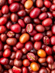 Obraz premium Red Coffee Beans Background - Rich red coffee beans, texture, agriculture, harvest, caffeine. Symbolizing energy, warmth, growth, nature, and richness.