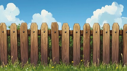 Fototapeta premium Wooden boundary fence with visible nails, set against a bright blue sky and fluffy clouds, surrounded by green grass and wildflowers, rustic, nature, outdoor decor.