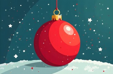 New Year red ball on the background of the night winter sky with snowflakes, Christmas and New Year celebration, Christmas tree toy
