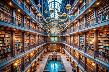 Enchanted Library with Flying Books Captured by Drone, Showcasing a Whimsical Atmosphere of Knowledge and Imagination in a Stunning Aerial Perspective