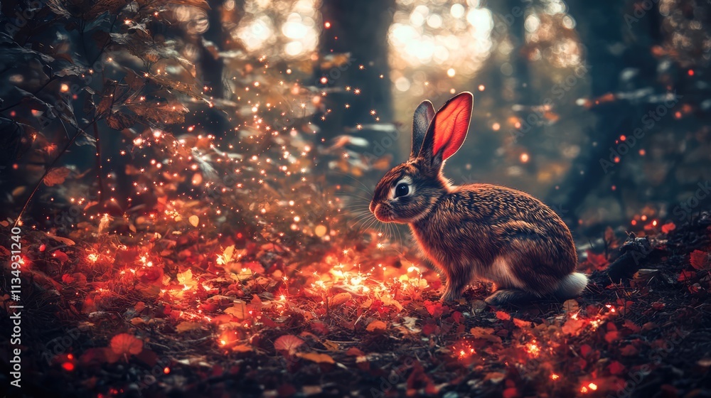 Poster Enchanting rabbit in a mystical forest with glowing leaves and autumn colors creating a magical atmosphere in nature.