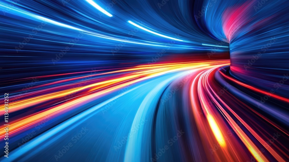 Poster dynamic long exposure image of a vibrant underground tunnel conveying speed through colorful light t