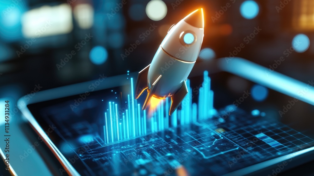 Poster digital tablet displaying rocket launch symbolizing business growth and profit increase in a modern 