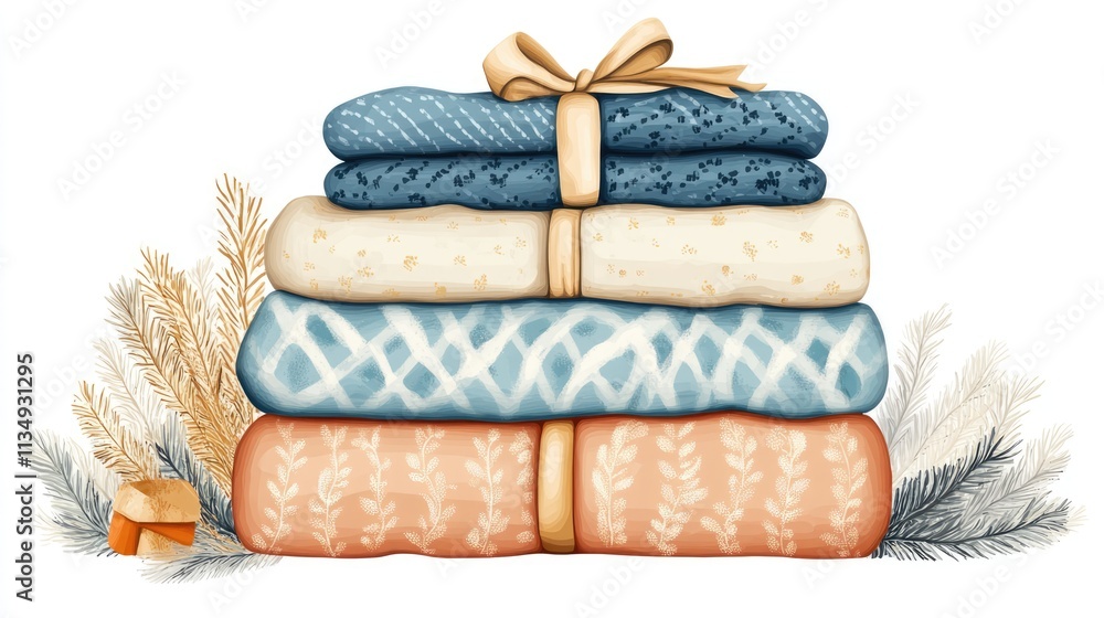 Poster elegant stack of folded bed linens with decorative ties showcasing various patterns on a white backg