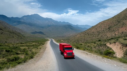 Red Truck on Mountain Road - Scenic trucking, red semi-truck, mountainous landscape, long highway, summer travel. Represents freedom, adventure, logistics.