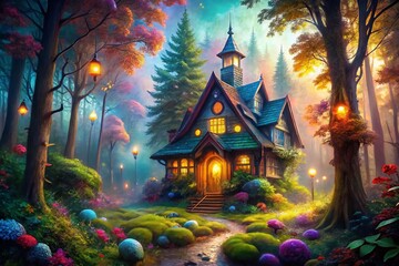 Enchanted Mystical House Nestled in a Lush Forest Surrounded by Ethereal Light and Dreamlike Atmosphere, Capturing Nature's Beauty and Fantasy in a Surreal Setting