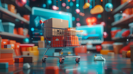 Online Shopping Spree: A 3D rendered shopping cart overflowing with colorful packages sits against a backdrop of glowing computer screens and an array of virtual products.
