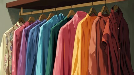 Fototapeta premium Colorful shirts neatly arranged on a wooden shelf showcasing vibrant textile patterns and hues in a well-organized wardrobe setting.