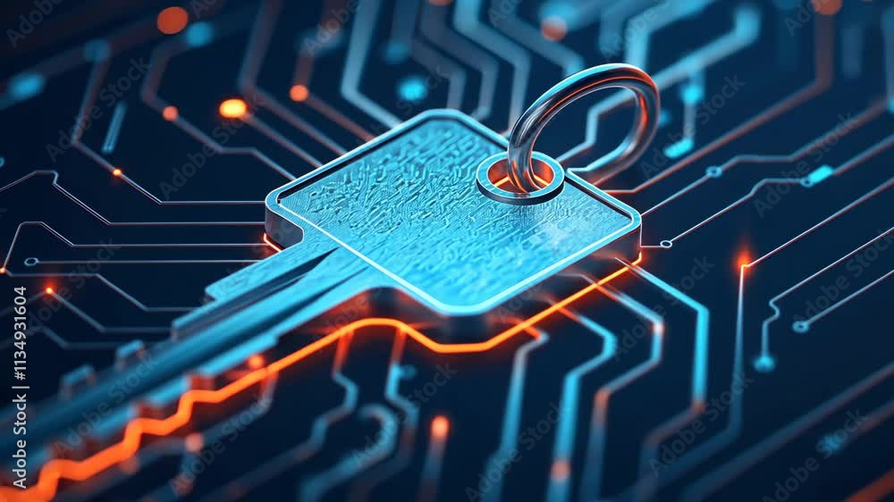 Poster digital key with lock symbol on circuit board background representing cybersecurity and access contr