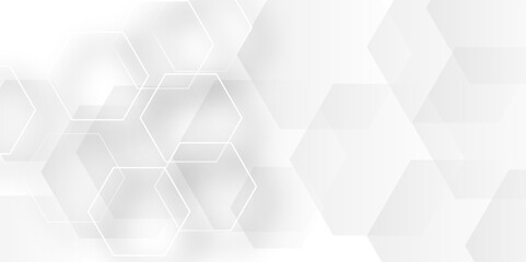 Abstract pattern with hexagonal white and gray technology line paper background. Hexagonal grid tile and mosaic structure mess cell. white and gray hexagon honeycomb geometric copy space.