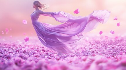 Fototapeta premium A Woman in Lavender Gown Soaring Through a Field of Pink Petals at Dawn