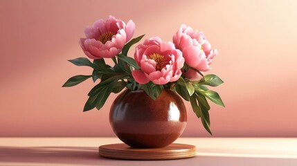 Fototapeta premium Peony flowers in a brown ceramic vase on a wooden stand with soft focus background showcasing vibrant pink blooms and lush green leaves