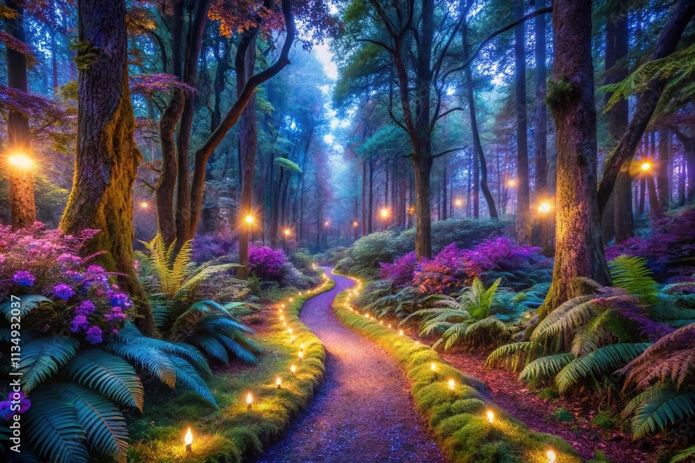 Poster enchanted twilight forest path with glowing bioluminescent trees and lush ferns illuminating a mysti