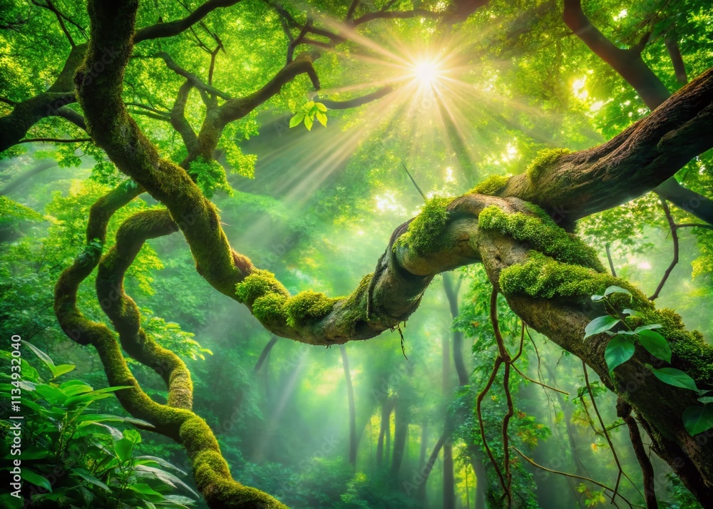 Poster enchanted twisted branch in the forest with bokeh effect creating a dreamy atmosphere and soft backg