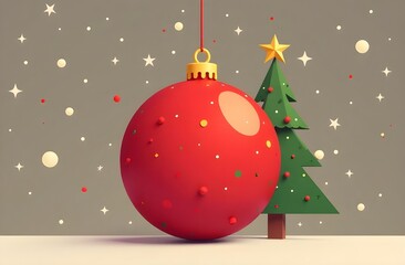 New Year red ball on brown background with New Year tree, Christmas and New Year celebration, Christmas tree toy