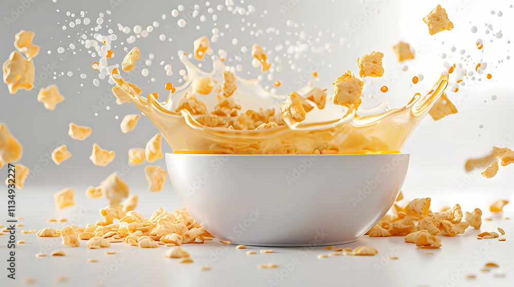Poster golden cereal splash: a vibrant burst of golden cereal explodes from a pristine white bowl, creating