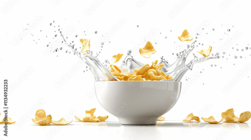 Poster cereal splash: a vibrant image of breakfast cereal exploding from a white bowl in a symphony of milk