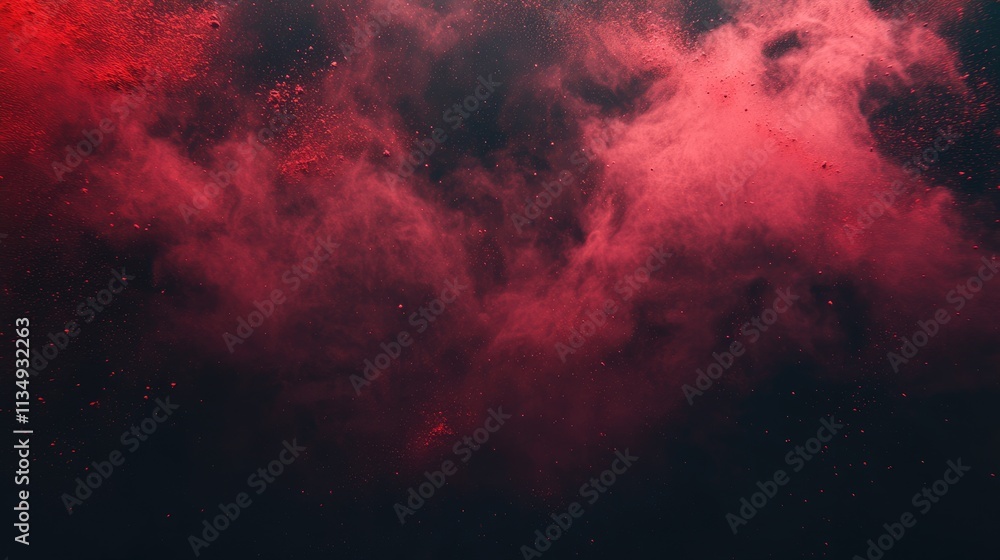 Poster vibrant red powder explosion creating an abstract backdrop with a dark glittery surface for artistic