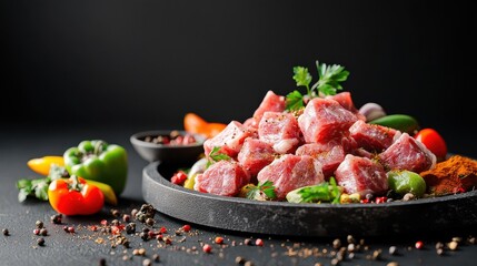 Raw goat meat chunks platter for culinary delights kitchen food dark background gourmet preparation