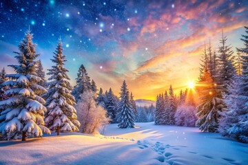 Fototapeta premium Enchanted Winter Wonderland: The Magic of a Snowfall Captured in a Scenic Landscape with Glistening Snowflakes and a Serene Atmosphere, Ideal for Evoking Holiday Cheer and Warmth