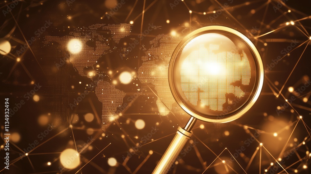 Poster global data search concept with magnifying glass overlaying world map on digital background for inte