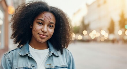 Fototapeta premium Young african american woman with natural hair and denim jacket in urban setting