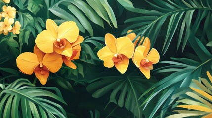 Obraz premium Vibrant yellow and orange orchids blooming among lush green tropical foliage, emphasizing floral details and rich textures, botanical, nature, plant life.