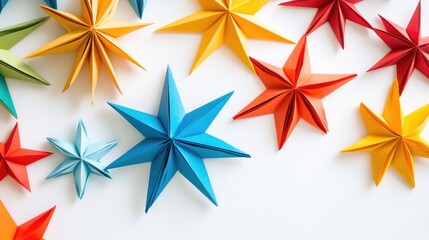 Obraz premium Vibrant paper stars in assorted colors arranged artistically on a clean white background for festive dÃ©cor and creative themes.