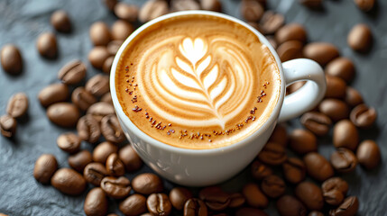 Aromatic Latte Art:  A steaming cup of latte art, adorned with a delicate leaf design, sits amidst a scattering of roasted coffee beans, inviting a moment of relaxation and indulgence. 