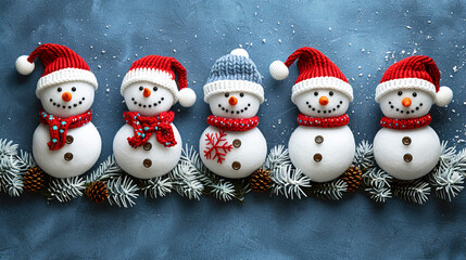 Cute Knitted Snowmen on Snowy Blue Background 