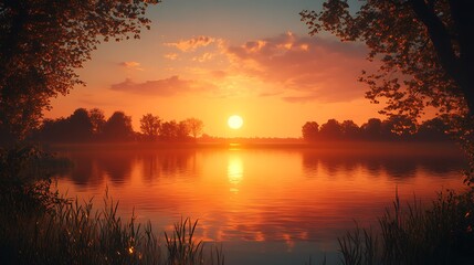 Obraz premium Sunset reflection over calm lake nature landscape tranquil view