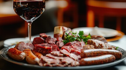 Gourmet raw meat platter presentation with red wine restaurant setting culinary delight warm atmosphere close-up view food artistry