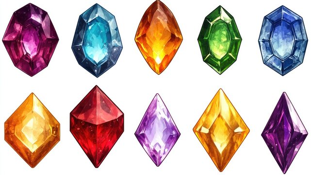Colorful assortment of gemstone illustrations including ruby zircon sapphire citrine topaz garnet and amethyst on a white background.