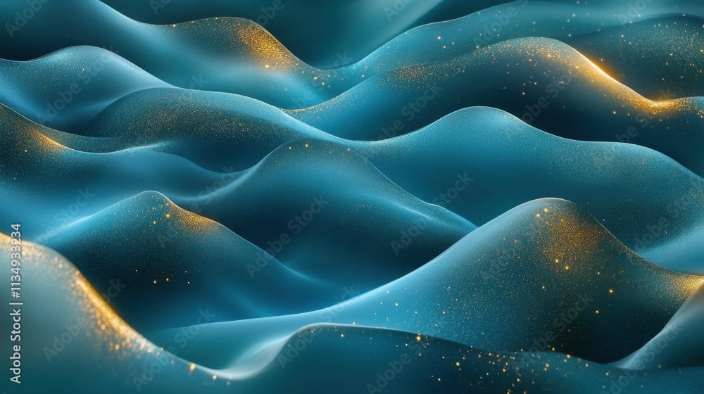 Poster undulating waves of shimmering blue intertwined with golden sparkles create a mesmerizing abstract l