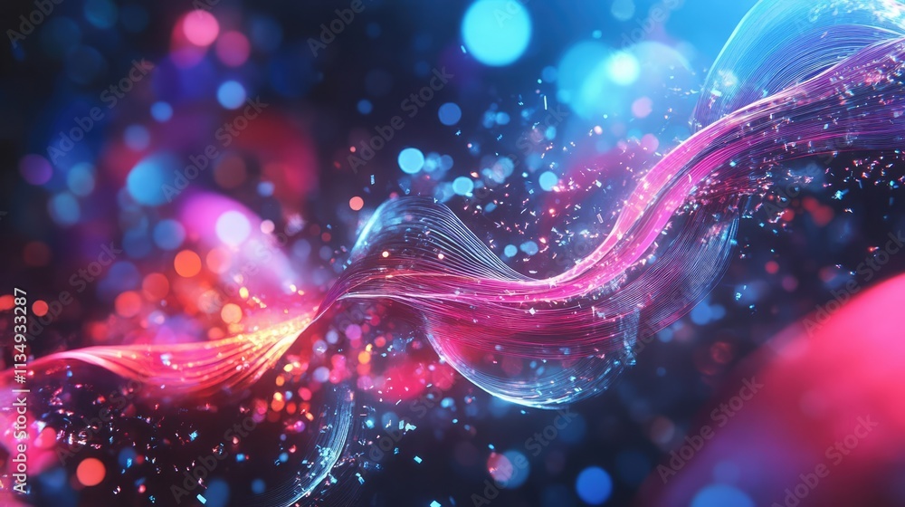 Poster abstract representation of colorful optical fiber strands illuminated with glowing particles and bok