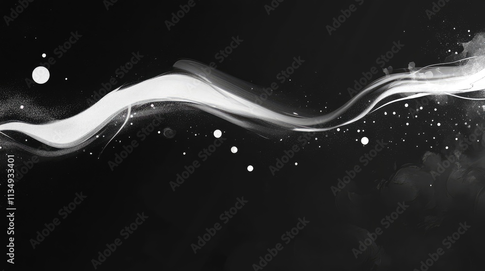 Poster elegant white steam trails over a dark background with soft textures and floating bokeh elements for