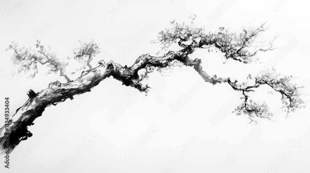 Poster monochrome artistic depiction of a twisted tree branch showcasing intricate details and textures in 