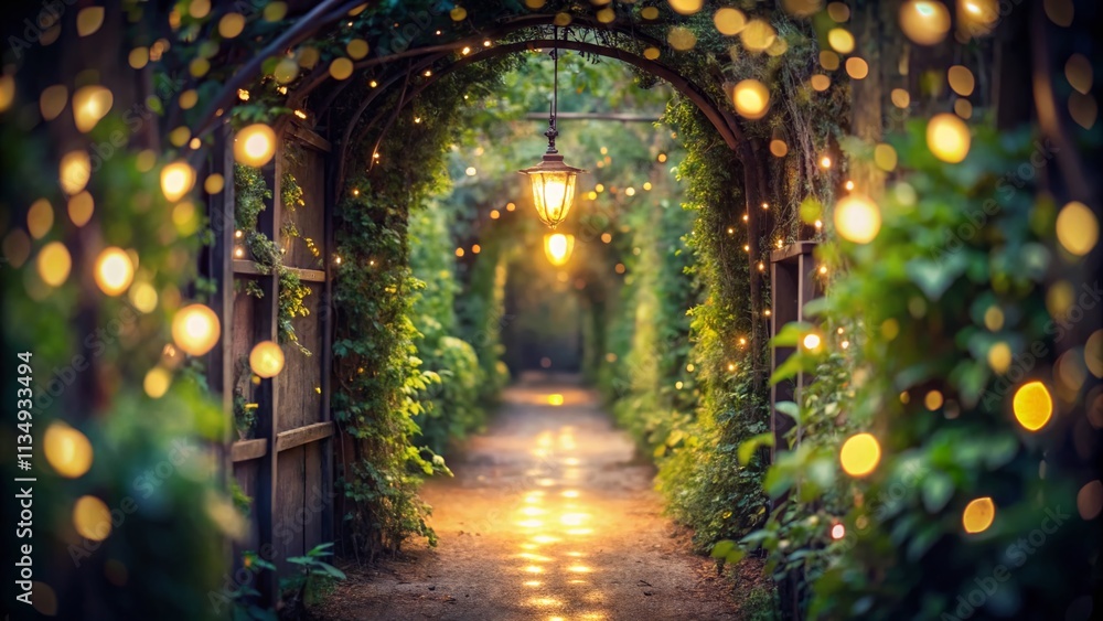 Poster enchanting bokeh effect capturing the mystery of an old passageway surrounded by lush greenery and s
