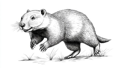 Obraz premium Running Prairie Dog Illustration - A detailed pencil sketch of a prairie dog running, symbolizing speed, agility, nature, wildlife, and freedom.