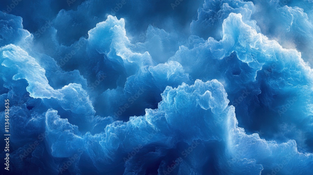 Poster swirling azure clouds reflect tranquility and movement in a cosmic ocean of deep blues and soft whit