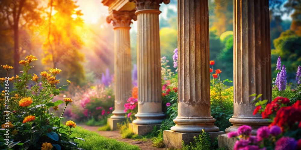 Poster Enchanting Bokeh Effect with Ancient Columns Surrounded by Lush Greenery and Soft Glowing Lights for a Dreamlike Atmosphere in Historical Architecture Photography
