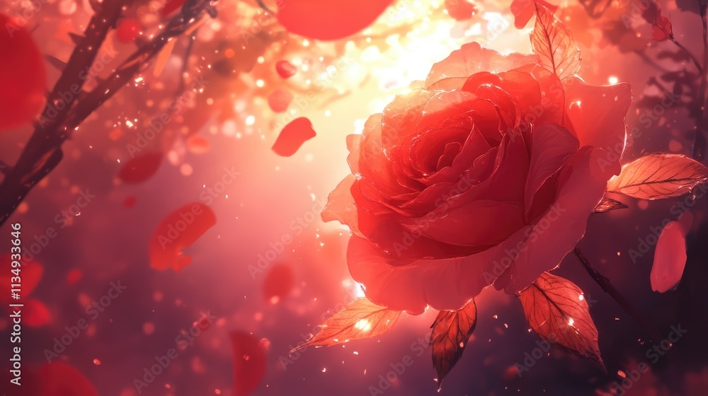 Poster stunning rose illuminated by soft light with falling petals creating a romantic and enchanting atmos