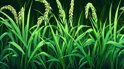 Obraz premium Lush wheat plantation with ripe golden stalks ready for harvest, showcasing vibrant green foliage and healthy crops in an expansive agricultural field, farming, nature, agriculture.