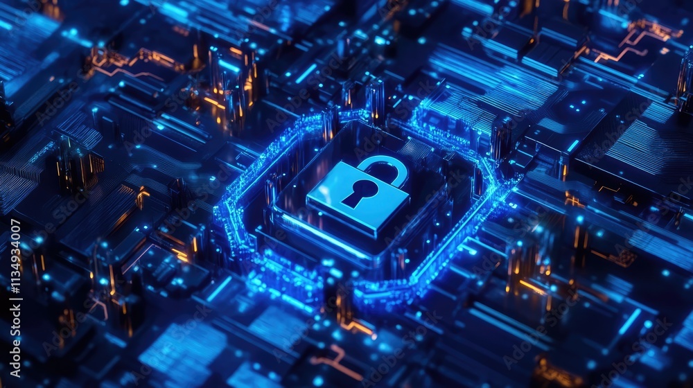 Poster industrial cybersecurity concept with digital lock on circuit board representing internet of things 